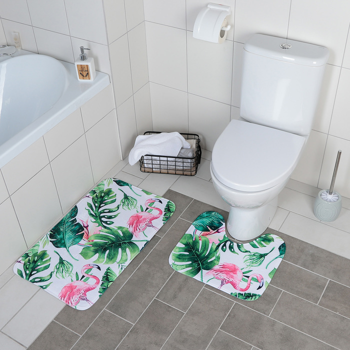 Набор ковриков для ванны и туалета Доляна «Фламинго», 2 шт: 40×43, 43×73 см