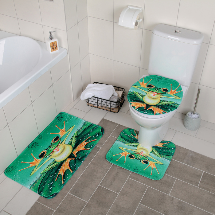 Набор ковриков для ванны и туалета Доляна «Лягушонок», 3 шт: 37×42, 40×45, 45×75 см