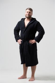 Мужской классический махровый халат с капюшоном (Черный)
