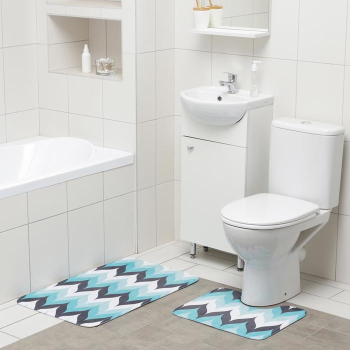 Набор ковриков для ванны и туалета Доляна «Волна», 2 шт: 50×80, 40×50 см, цвет голубой