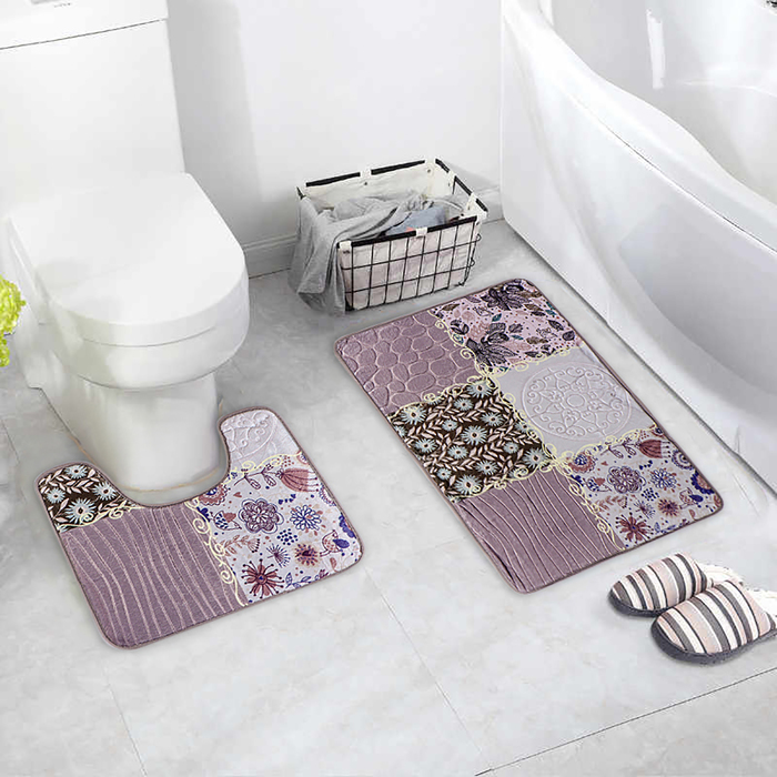 Набор ковриков для ванны и туалета Доляна «Коллаж», 2 шт: 40×50, 50×80 см, цвет серо-розовый