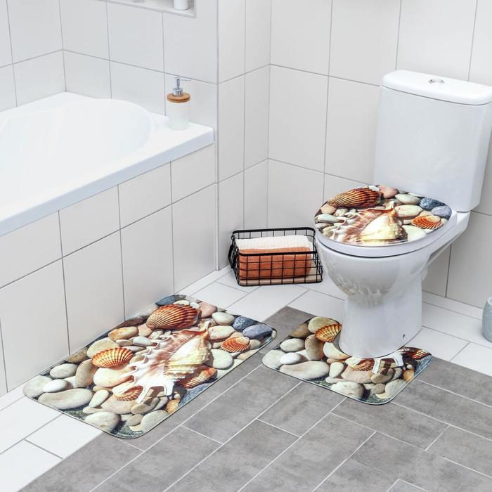 Набор ковриков для ванны и туалета Доляна «Ракушки», 3 шт: 37×45, 37×45, 45×75 см