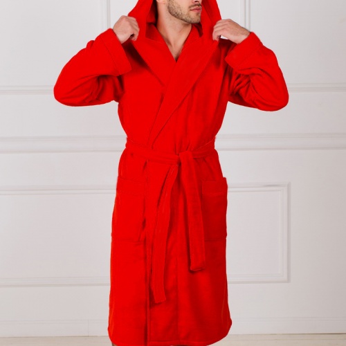 Мужской махровый халат с капюшоном (Красный)